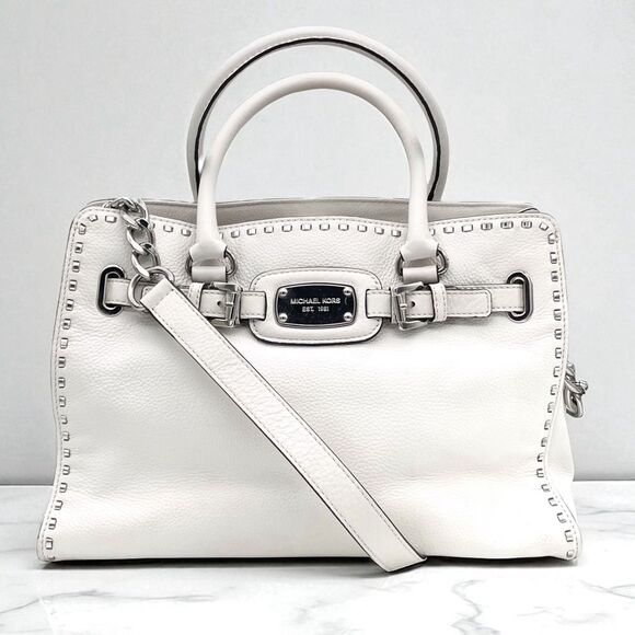 Michael Kors Bag Hamilton Whipped Optic White Leather Satchel Shoulder Bag Tote - Picture 16 of 16